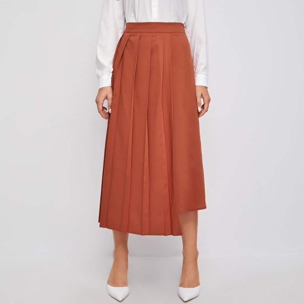 

Zipper Side Stepped Hem Pleated Skirt, Burnt orange