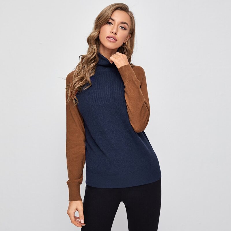 

High Neck Contrast Raglan Sleeve Sweater, Multicolor