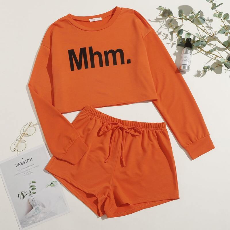 

Letter Graphic Crop Top & Shorts PJ Set, Orange