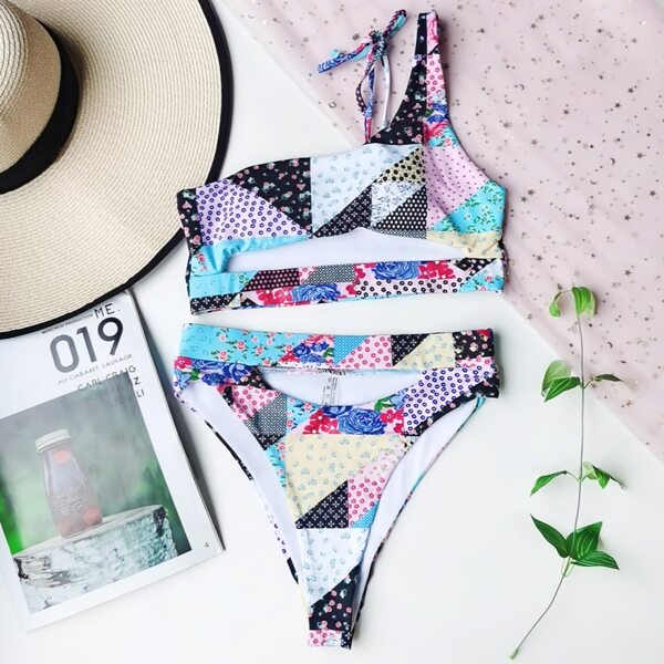 

Floral Cut Out One Shoulder Bikini Swimsuit, Multicolor
