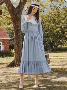 SHEIN Unity 拼接荷葉邊細節肩部燈籠袖荷葉邊下擺洋裝 - 霧霾藍 - 查看 1