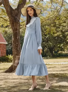 SHEIN Unity 拼接荷葉邊細節肩部燈籠袖荷葉邊下擺洋裝 - 霧霾藍 - 查看 4