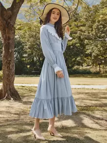 SHEIN Unity 拼接荷葉邊細節肩部燈籠袖荷葉邊下擺洋裝 - 霧霾藍 - 查看 5