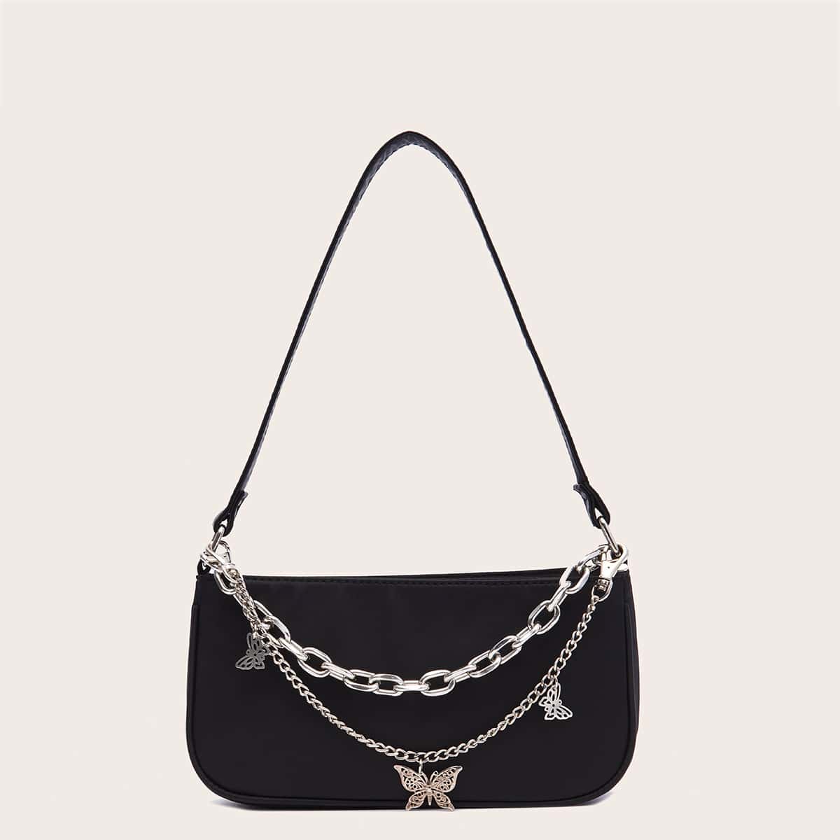 

Butterfly Decor Chain Baguette Bag, Black