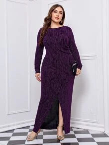 SHEIN Belle Váy phù dâu dài tay lấp lánh viền quấn Plus, trang trọng, thanh lịch, dự tiệc tối, tốt nghiệp, tiệc tối - Màu tím - Xem 3