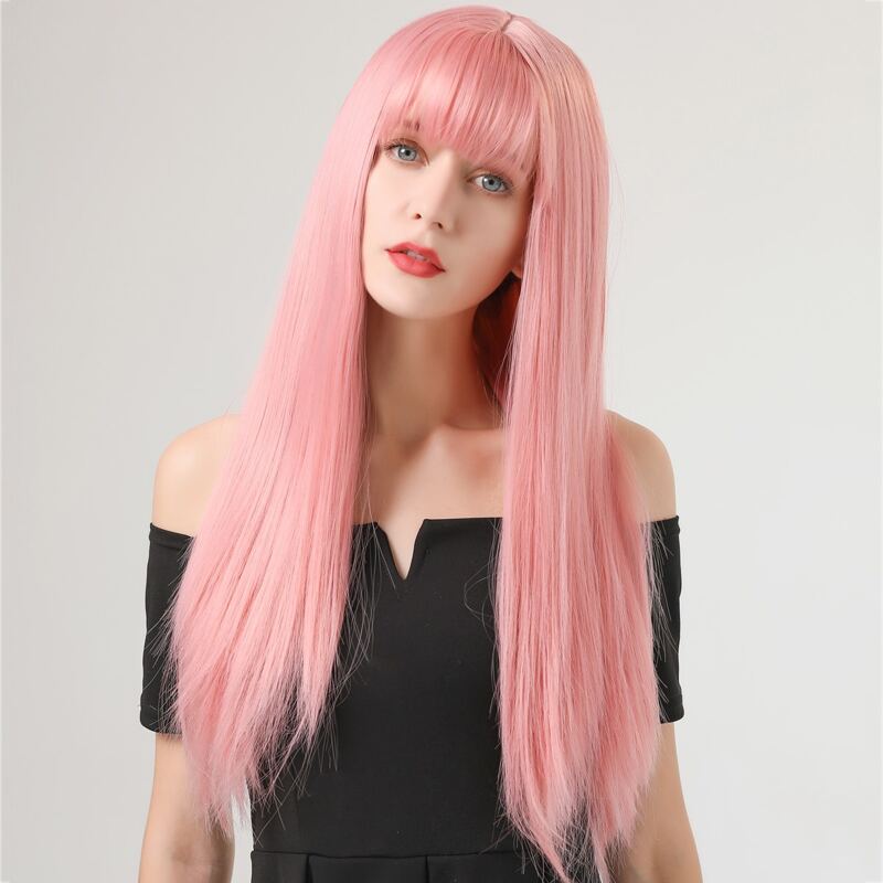 

Natural Long Straight Wig With Bangs, Pink