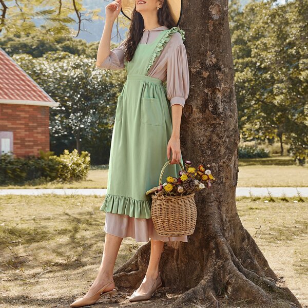 

Ruffle Detail Crisscross Tie Back Flounce Hem Overall Dress, Mint green