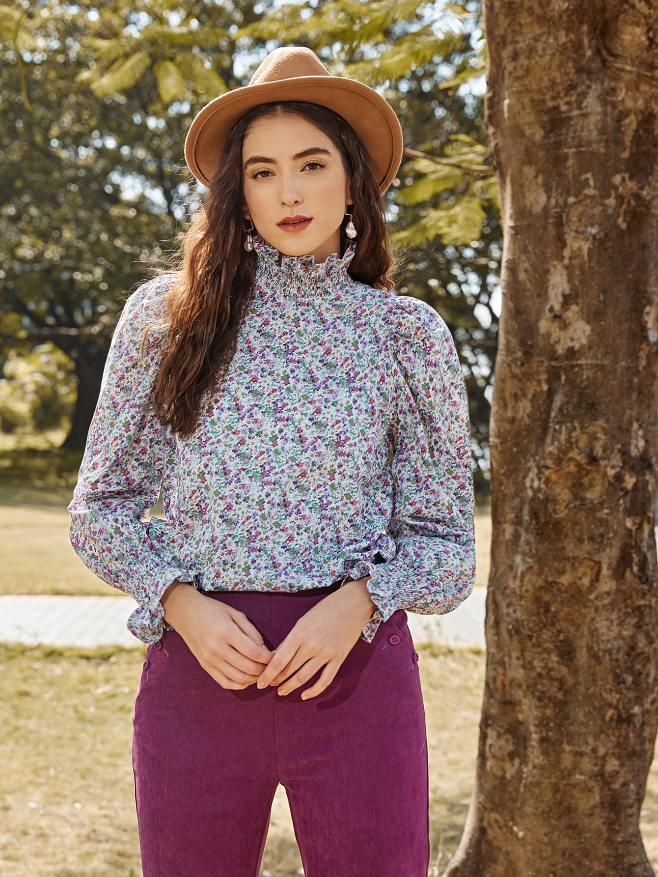Shirred High Neck Ruffle Detail Ditsy Floral Top thumbnail