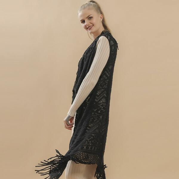 

Hollow Out Fringe Hem Scarf, Black