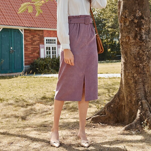 

Paperbag Waist Buckle Belted Split Hem Skirt, Mauve purple