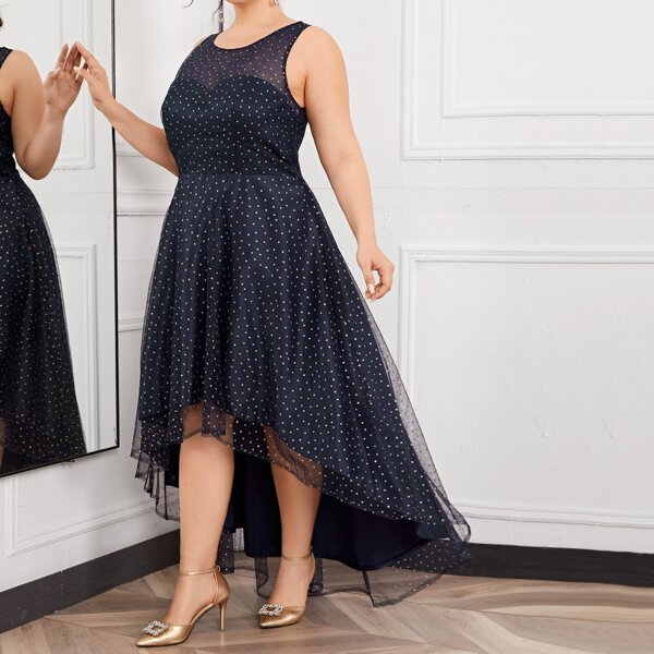

Plus High Low Galaxy Mesh Overlay Prom Dress, Navy blue