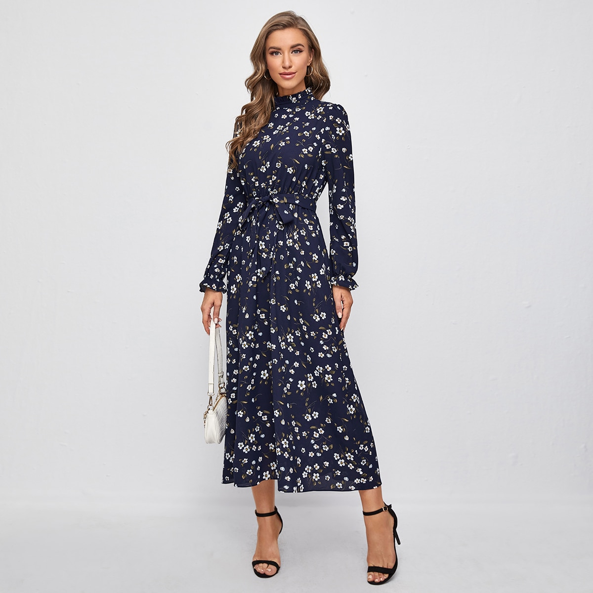 Image of Allover Floral Print Mock Neck Ruffle Cuff Belted Dress
