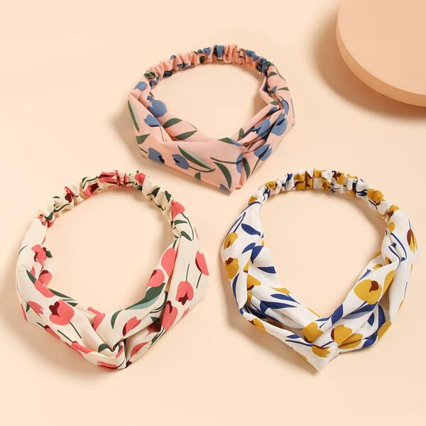 

3pcs Flower Pattern Twist Headband, Multicolor