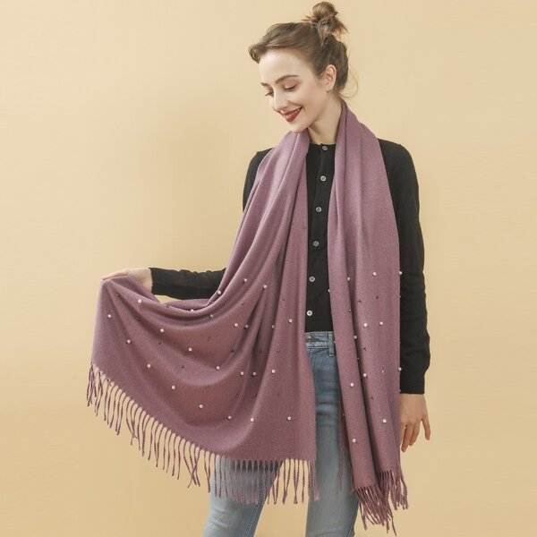 

Faux Pearl Decor Fringe Hem Scarf, Purple