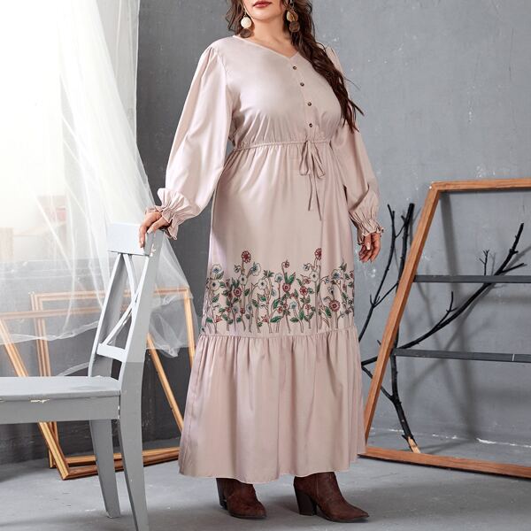 

Plus Floral Embroidery Drawstring Waist Ruffle Hem Dress, Pink