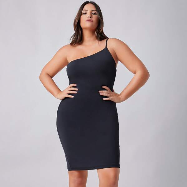 

Plus One Shoulder Solid Bodycon Dress, Black