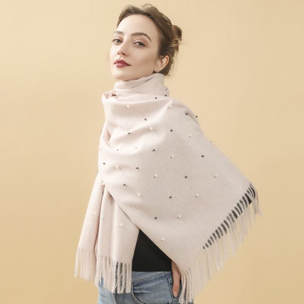 

Faux Pearl Decor Fringe Hem Scarf, Baby pink