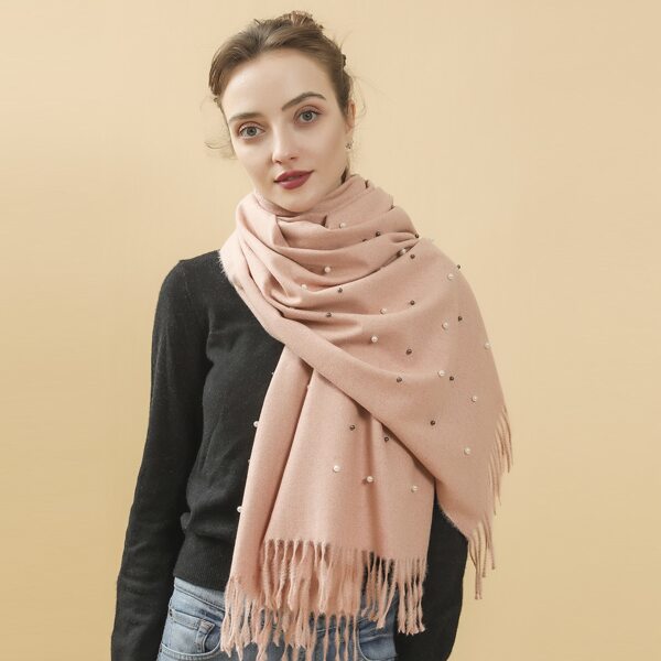 

Faux Pearl Decor Fringe Hem Scarf, Coral pink