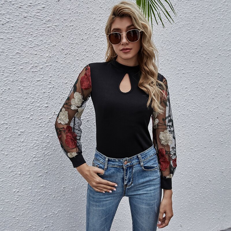 

Embroidered Mesh Sleeve Keyhole Neck Top, Black