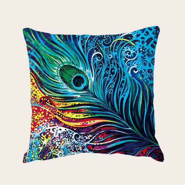

Peacock Feather Print Cushion Cover Without Filler, Multicolor