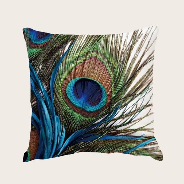 

Peacock Feather Print Cushion Cover Without Filler, Multicolor