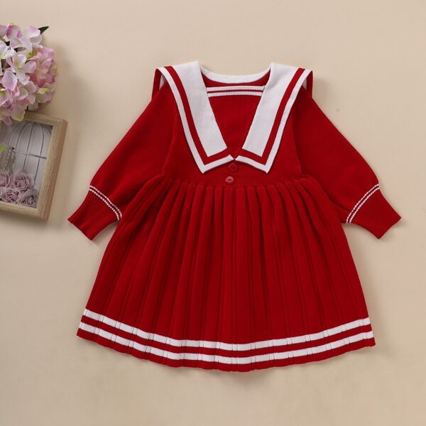 

Toddler Girls Sailor Collar Striped Pleated Sweater Dress, Red