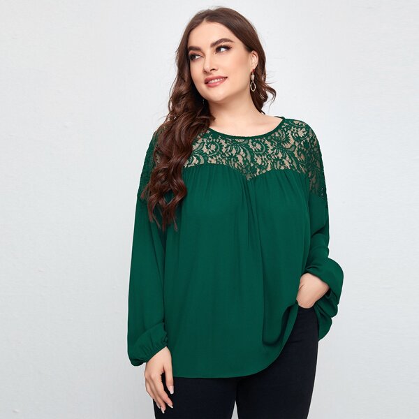 

Plus Lace Yoke Lantern Sleeve Top, Dark green