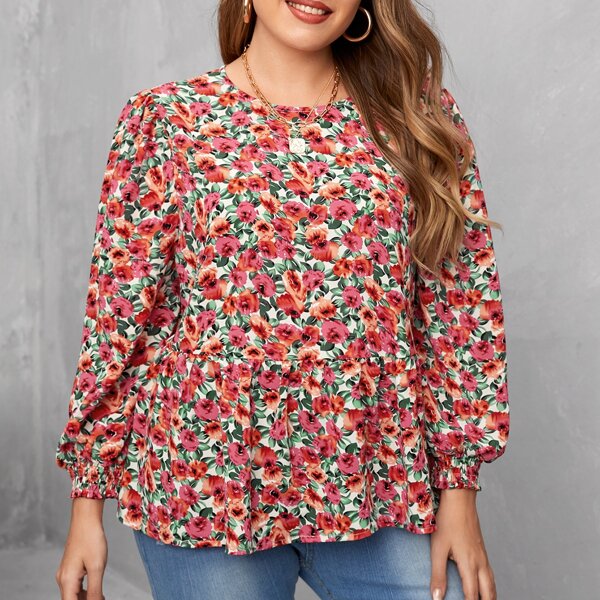 

Plus Allover Floral Print Lantern Sleeve Peplum Top, Multicolor