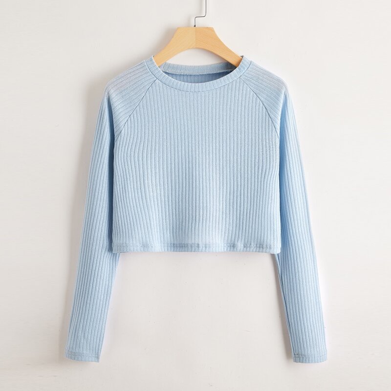 

Solid Ribbed Crop Tee, Baby blue