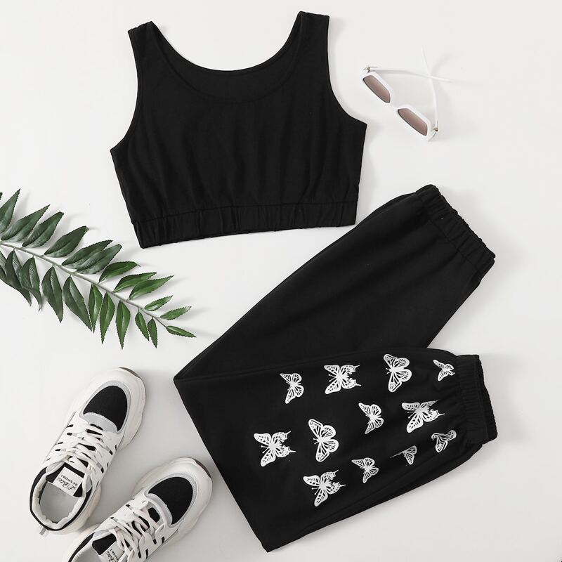 

Solid Crop Tank Top & Butterfly Print Sweatpants, Black