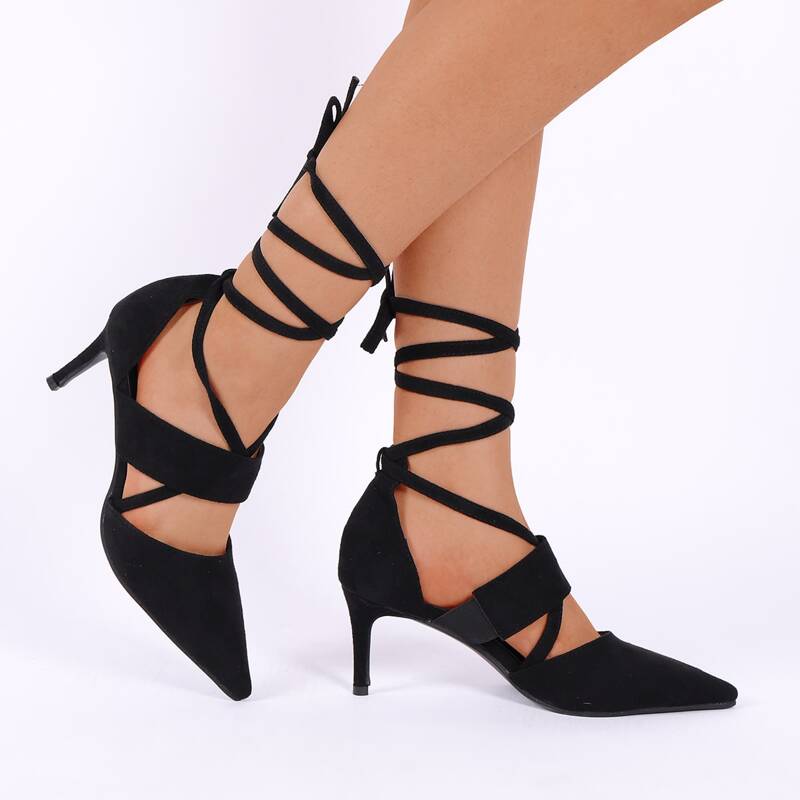 

Point Toe Stiletto Tie Leg Pumps, Black