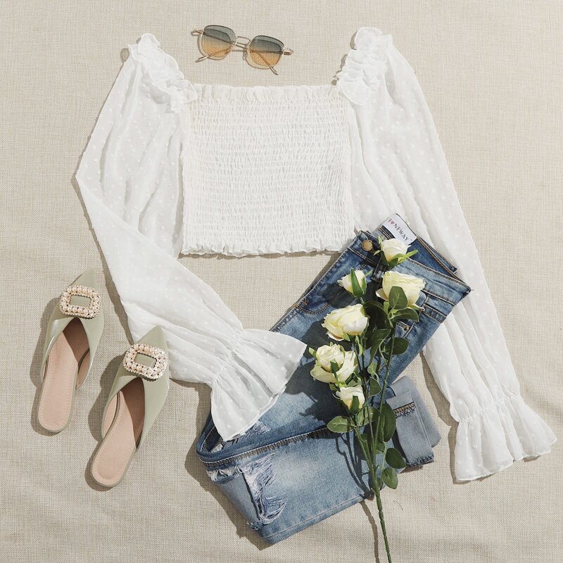 Solid Dobby Mesh Shirred Crop Top, White
