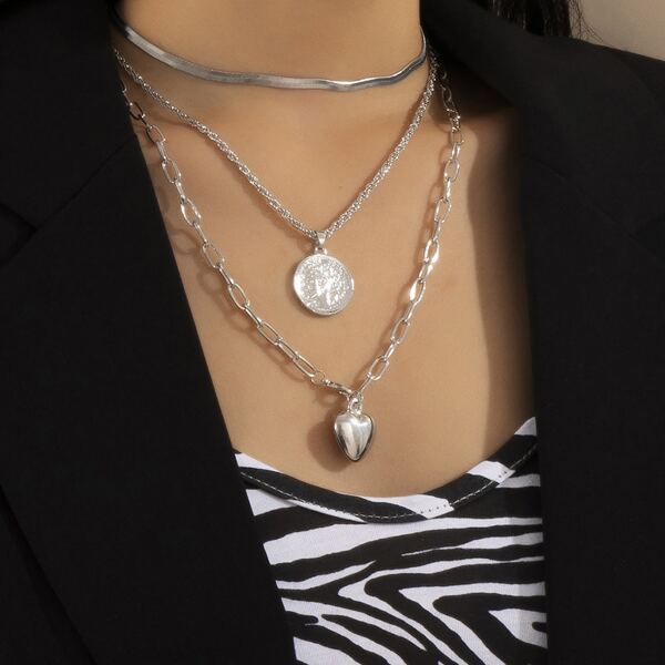 

3pcs Heart Charm Necklace, Silver