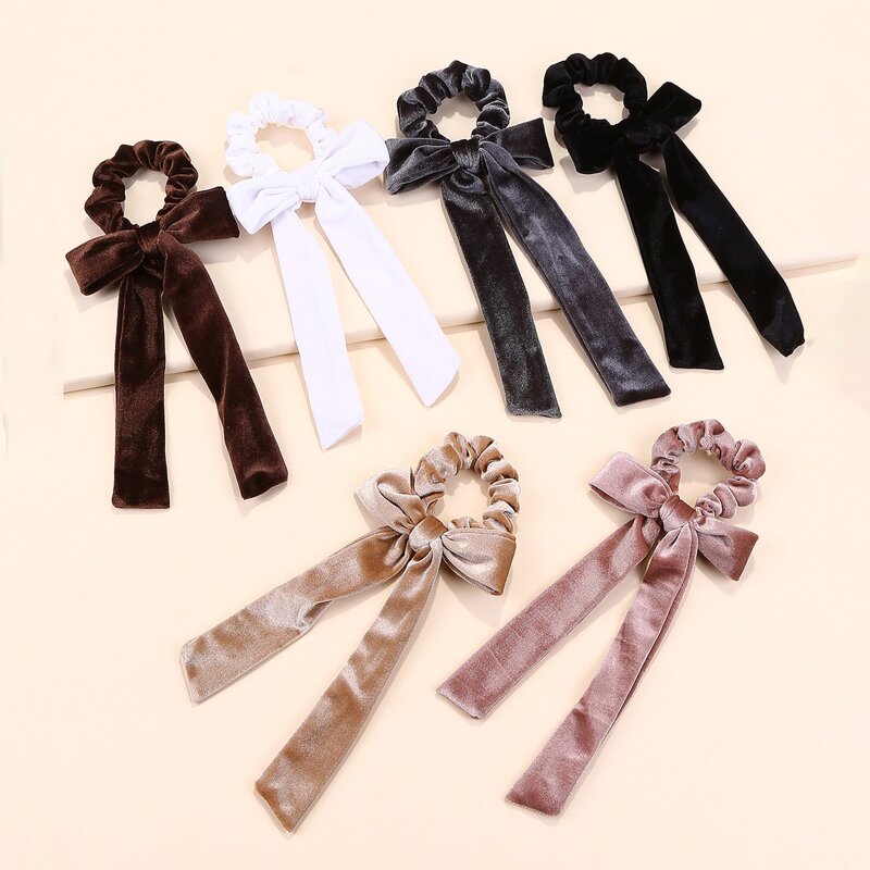 

6pcs Bow Knot Decor Velvet Scrunchie Scarf, Multicolor