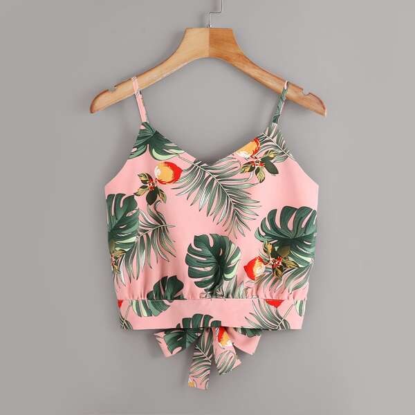 

Tropical Print Tie Back Cami Top, Baby pink