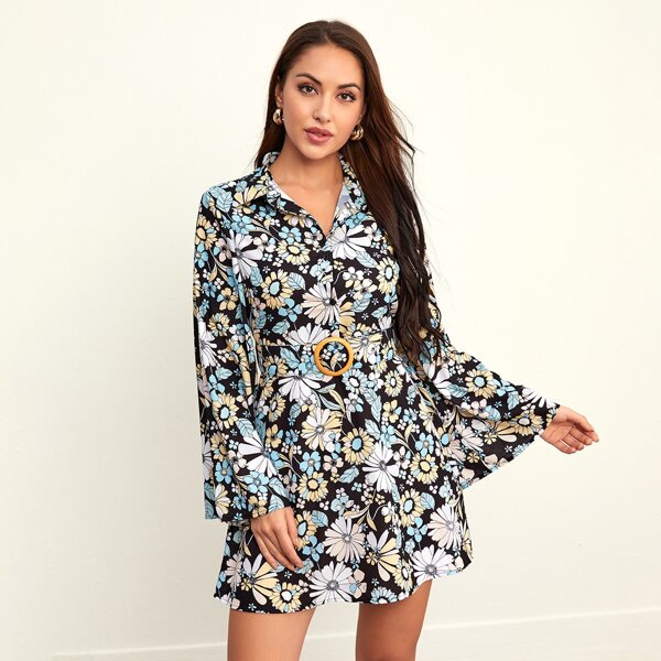

Button Front Allover Floral Belted Dress, Multicolor