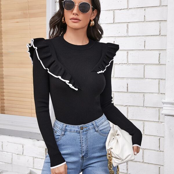 

Ruffle Trim Contrast Binding Rib-knit Sweater, Black