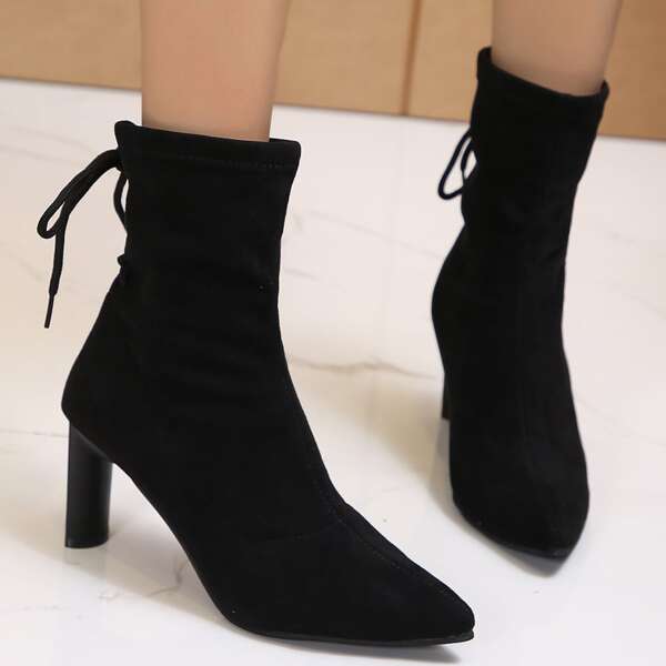 

Point Toe Tie Back Mid Calf Boots, Black