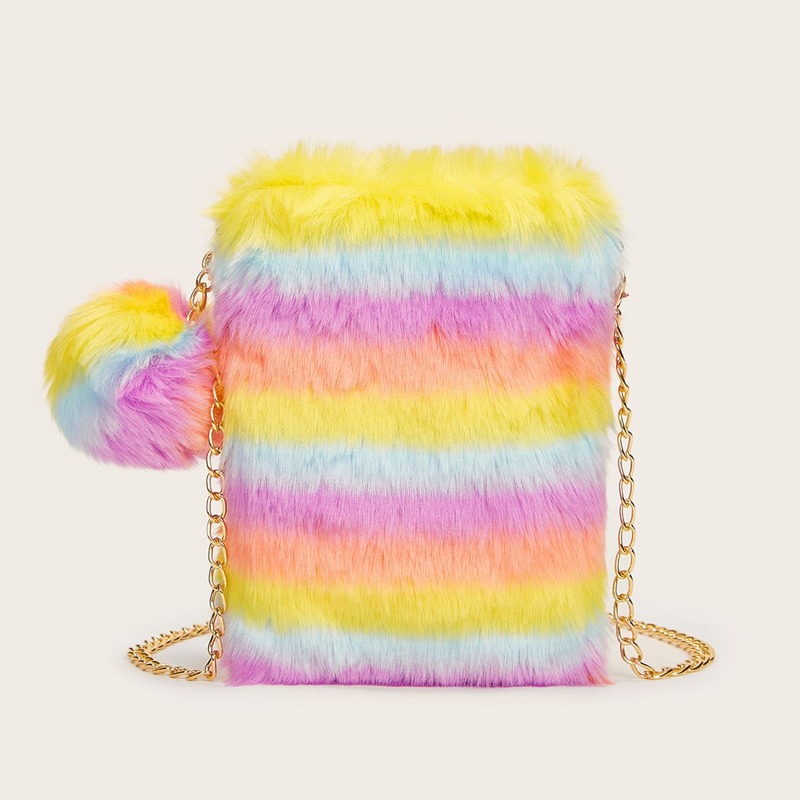 

Pom Pom Decor Fluffy Color Block Chain Bag, Multicolor
