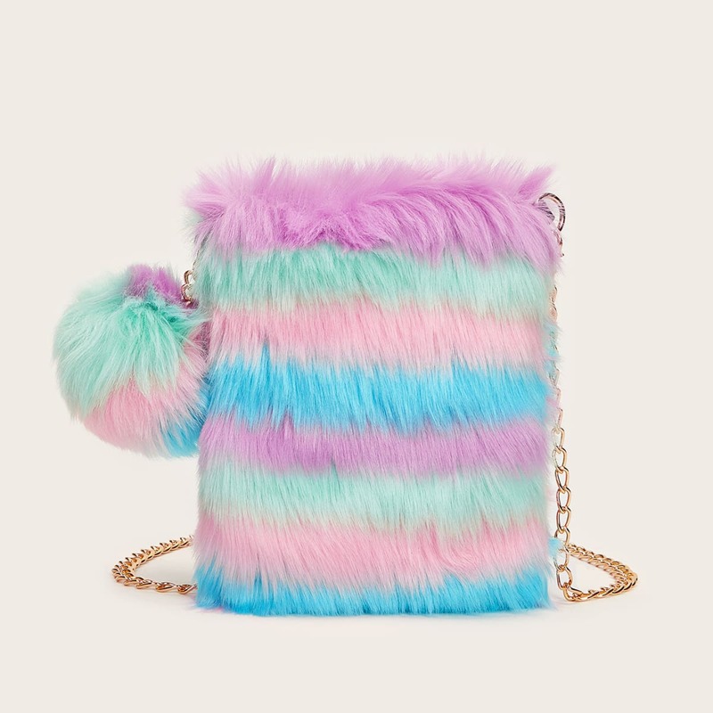 

Pom Pom Decor Color Block Fluffy Chain Bag, Multicolor