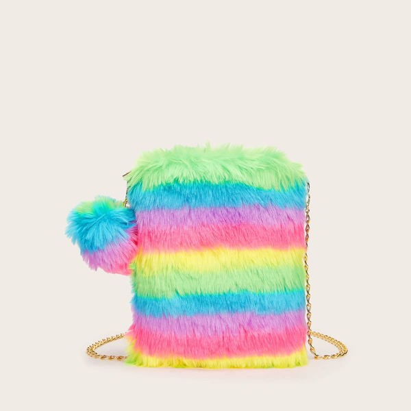 

Pom Pom Decor Color Block Fluffy Chain Bag, Multicolor