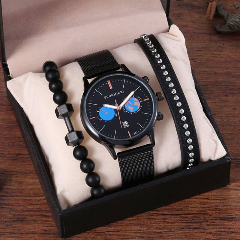 

1pc Guys Mesh Strap Round Pointer Quartz Watch & 2pcs Bracelet