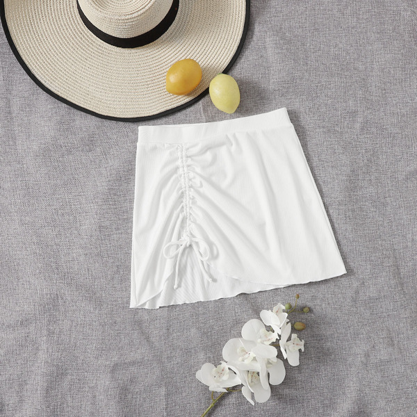 

Rib Drawstring Front Bikini Skirt, White