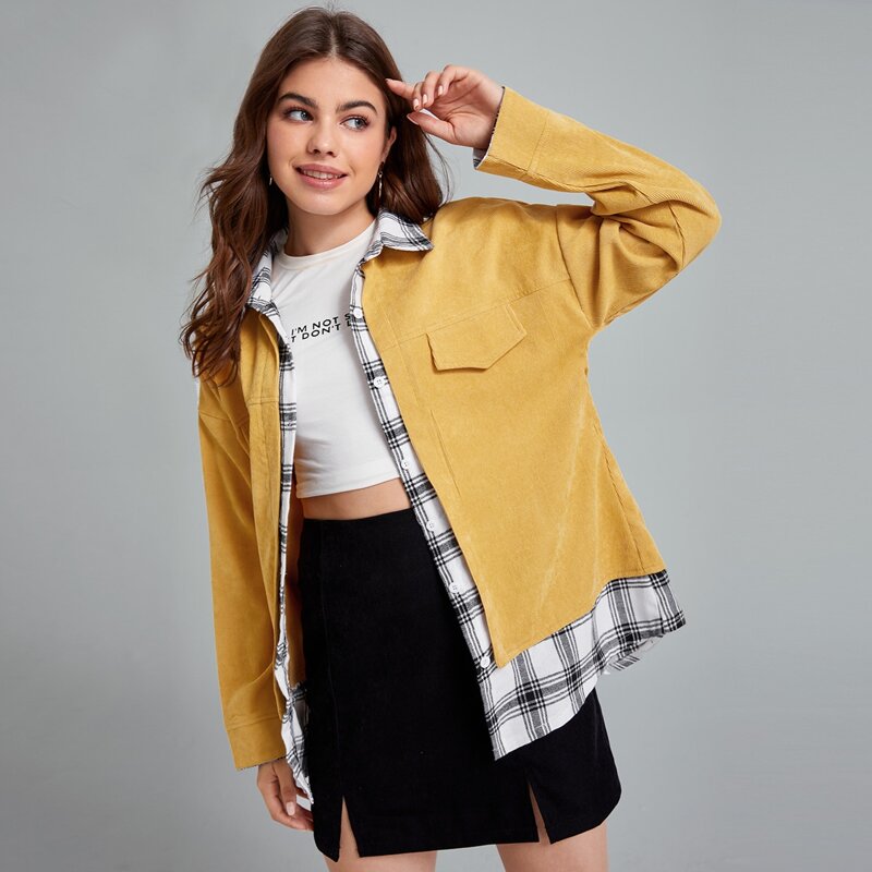 

2 In 1 Contrast Plaid Button Front Corduroy Overshirt, Yellow