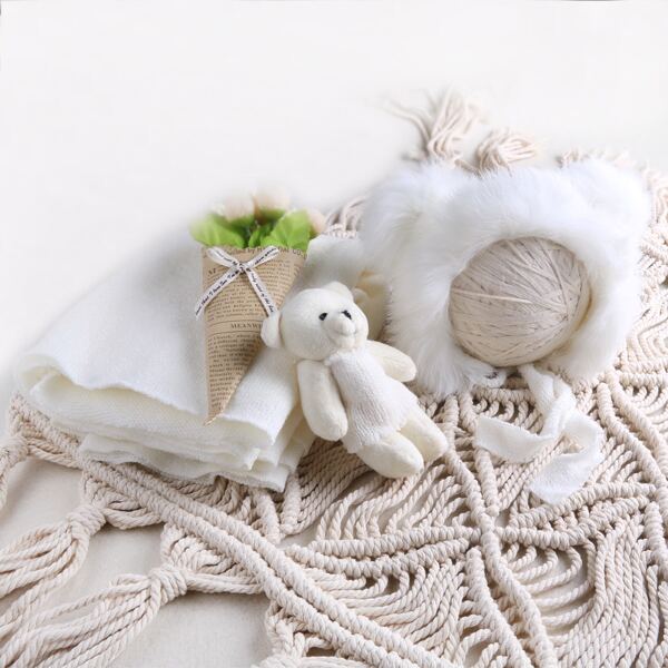 

Newborn Unisex 3pcs Blanket & Fuzzy Headband & Plush Bear Photo Outfit, White