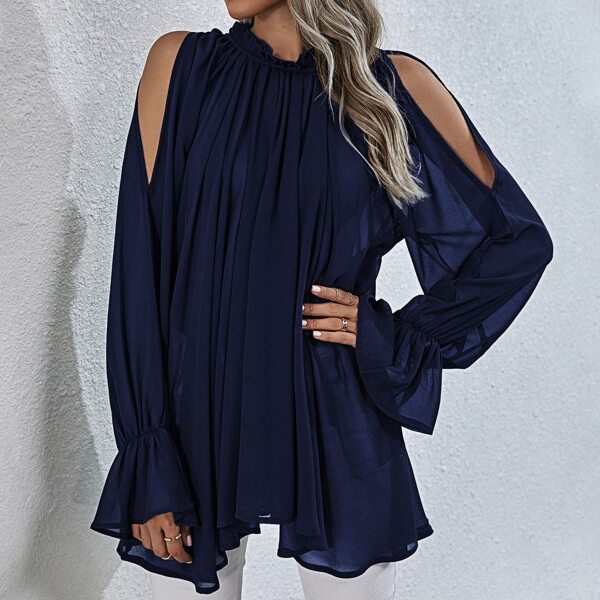 

Cold Shoulder Flounce Sleeve Blouse Without Belt, Navy blue