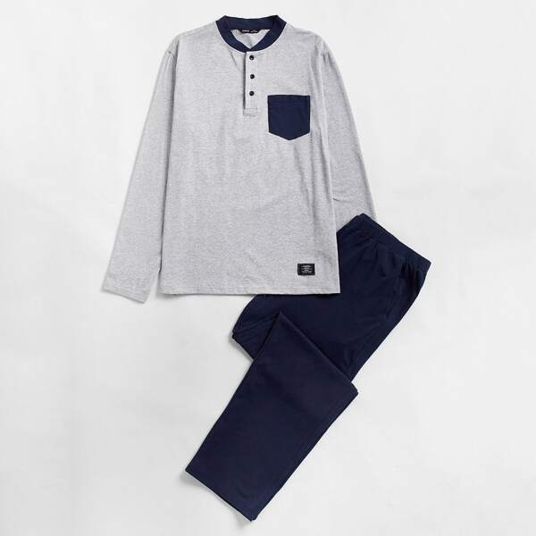 

Men Contrast Patch Pocket Half Button Placket Top & Pants PJ Set, Multicolor