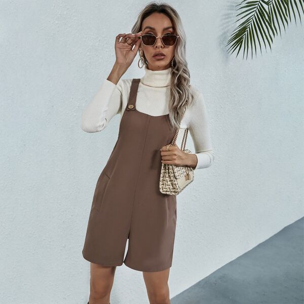 

Slant Pocket Solid Overall Romper, Mocha brown