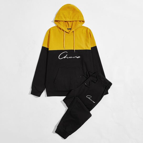

Men Letter Graphic Colorblock Hoodie and Joggers Set, Multicolor