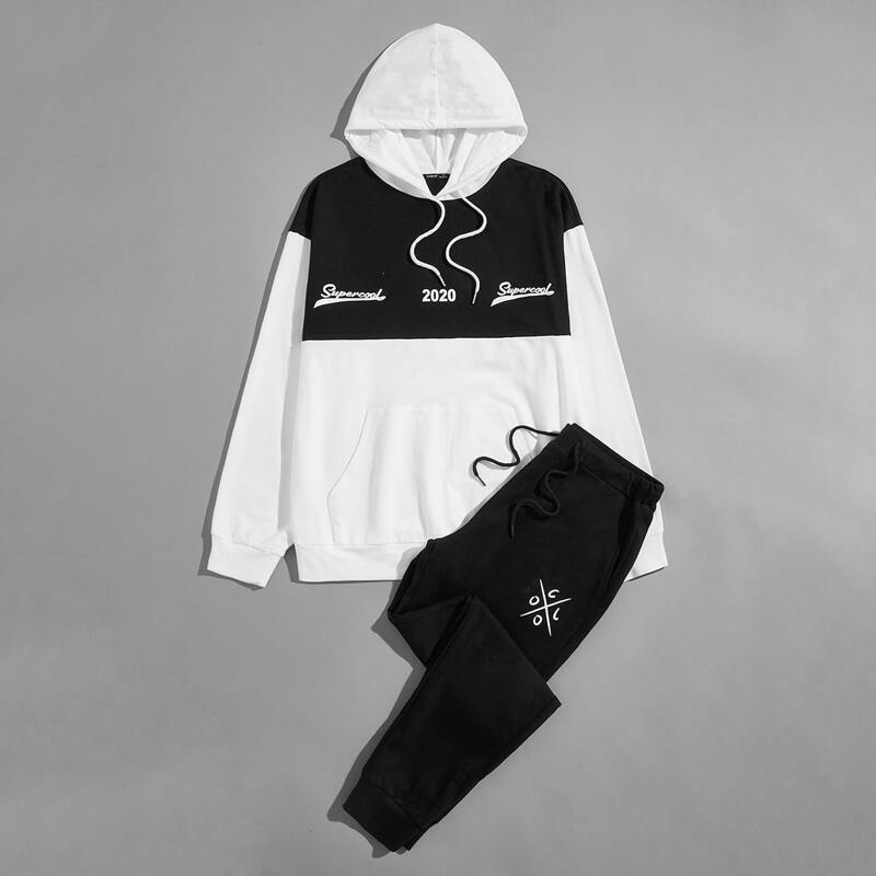 

Guys Letter and Number Print Two Tone Hoodie & Sweatpants Set, Black and white